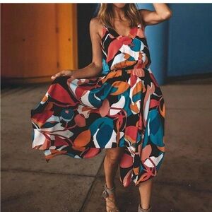 Evereve multi geometrical handkerchief hem Sundress spaghetti straps NWT size S